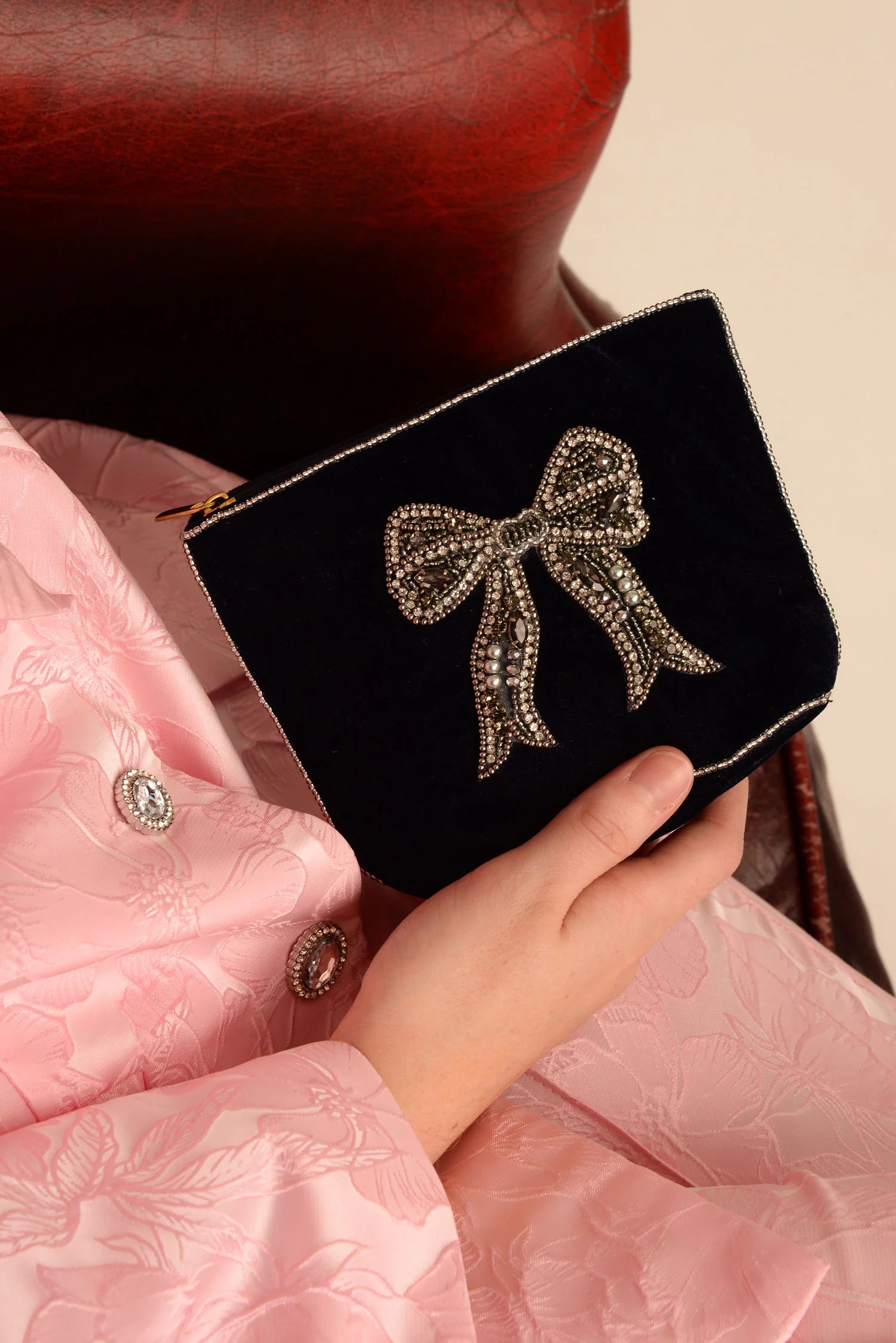 Velvet Silver Bow Small Pouch