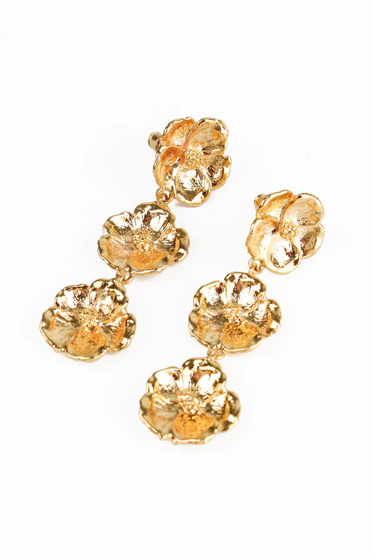 Gold Flower Triple Earrings