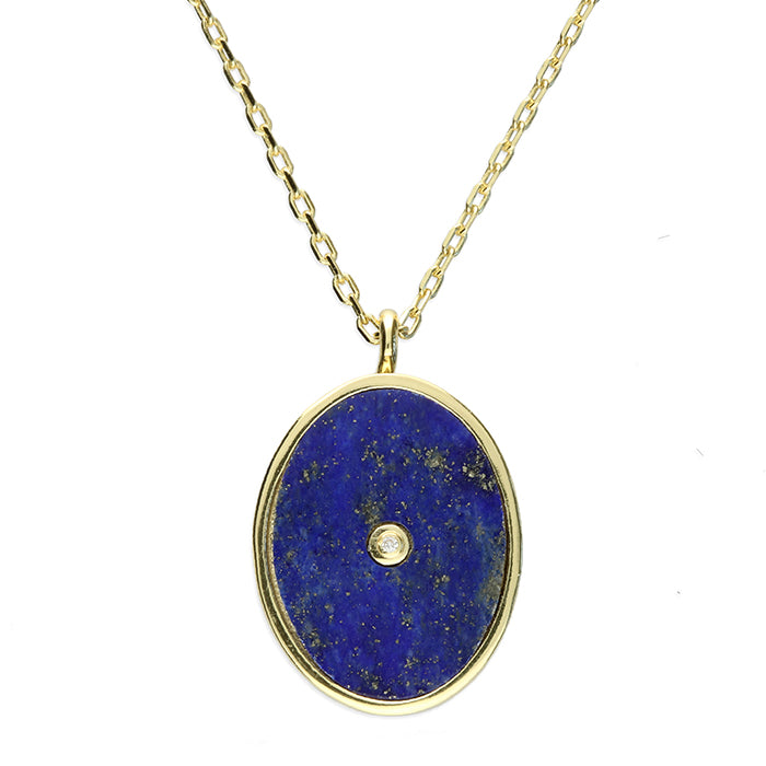 Yellow gold plated oval locket Necklace with Lapis Lazuli