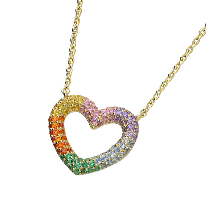 Gold CZ Rainbow Heart Charm Necklace