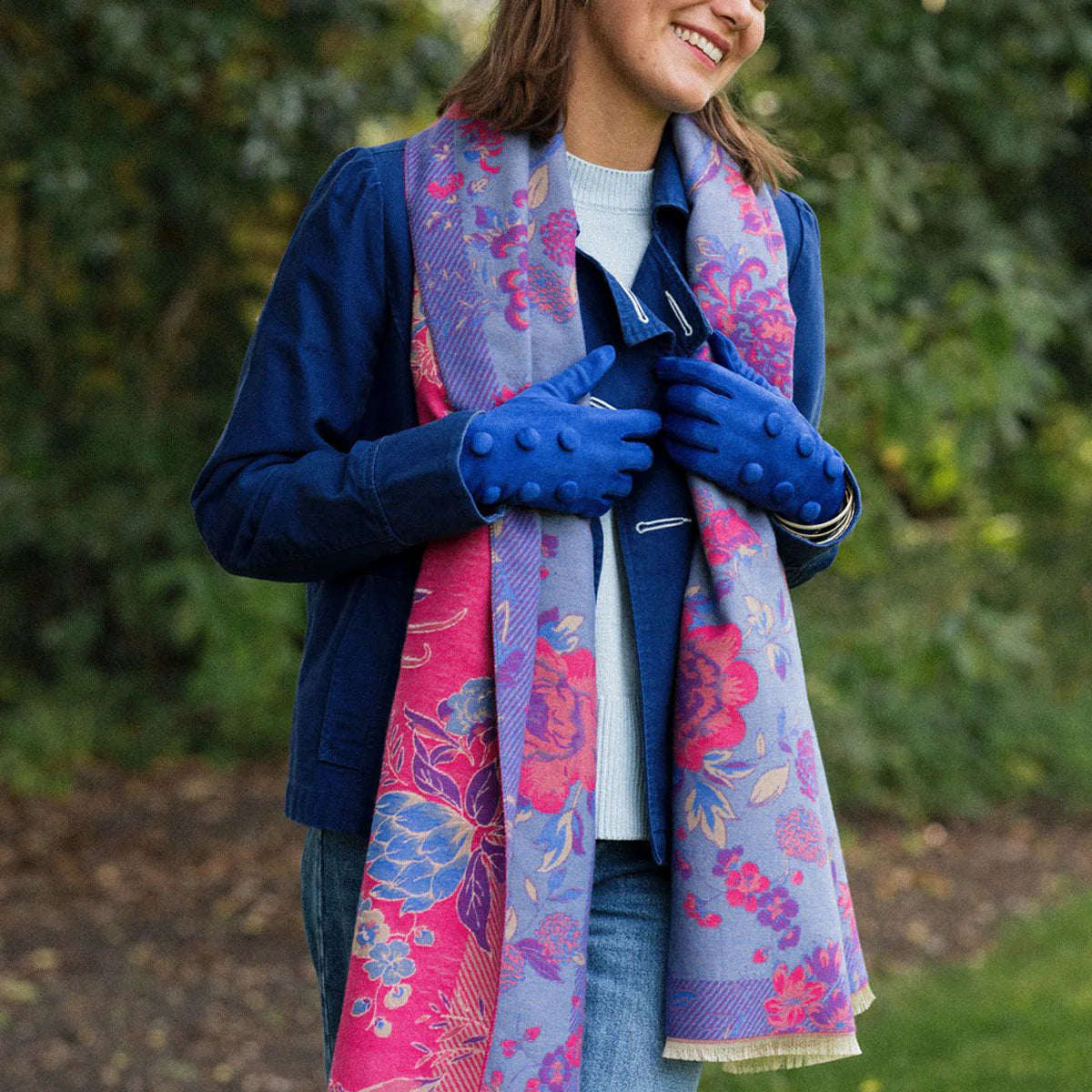 Pippa Woven Floral Scarf - Cerise/Blue