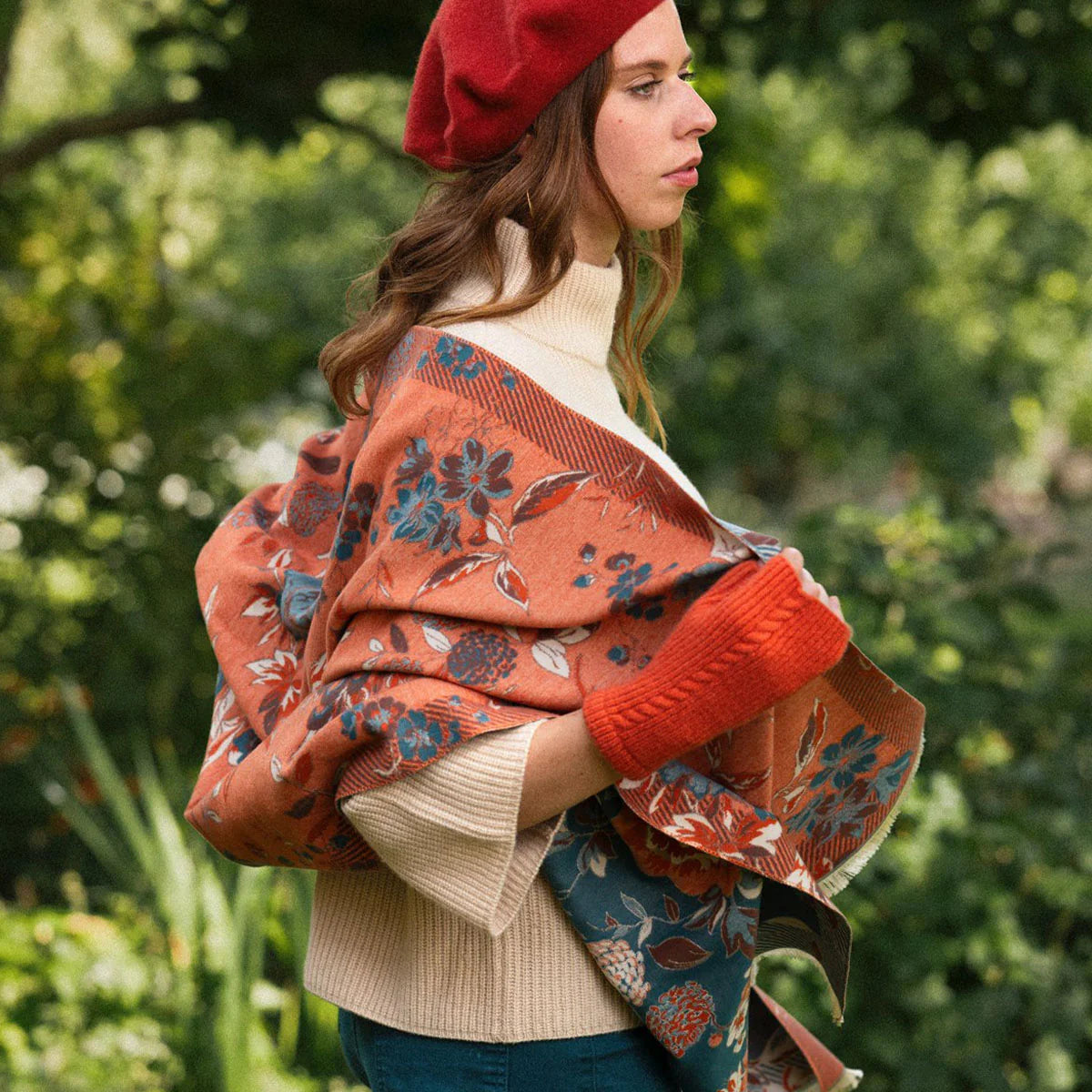 Pippa Woven Floral Scarf - Teal/Orange